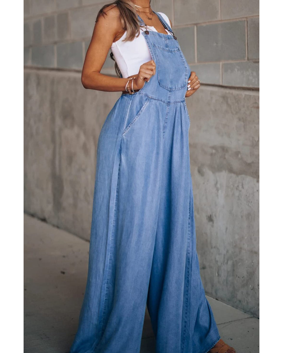 Chouyatou Women's Loose Adjustable Strap Wide Leg Denim Bib Overall Jeans Pants