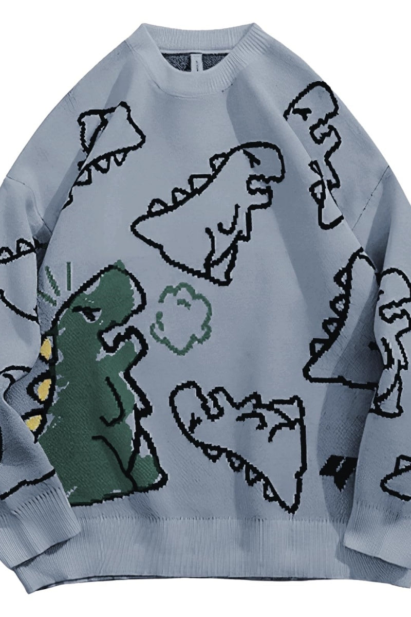 Chouyatou Women's Dinosaur Graphic Sweaters Cartoon Kwaii Knit Crewneck Long Sleeve Oversized Pullover Jumpers
