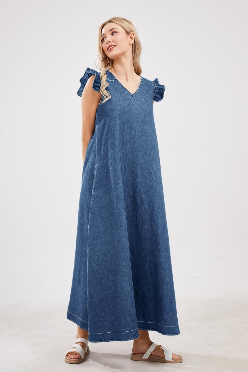 Chouyatou Womens Long Denim Dress Casual Loose Fit Ruffle Sleeveless V CHOUYATOU Chouyatou Womens Long Denim Dress Casual Loose Fit Ruffle Sleeveless V CHOUYATOU