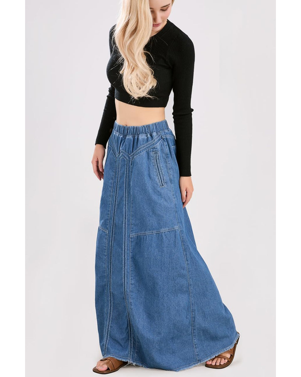 Chouyatou Women's Casual Elastic Waist Frayed Hem A-Line Distressed Hippie Long Maxi Denim Skirt