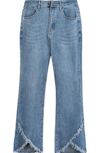 Chouyatou Women Cute Stretch Denim Jeans Ripped Distressed Frayed Hem Denim Pants Tassel Fringe Cropped Jeans