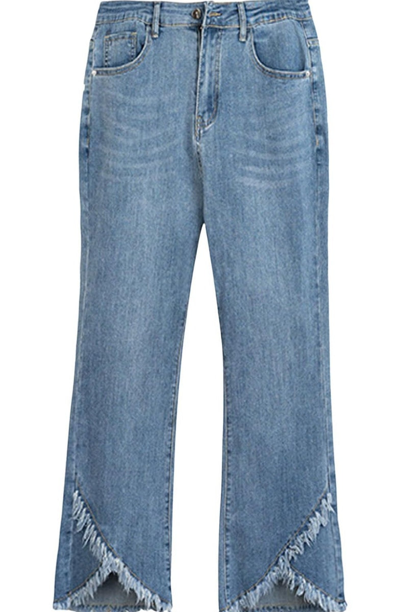 Chouyatou Women Cute Stretch Denim Jeans Ripped Distressed Frayed Hem Denim Pants Tassel Fringe Cropped Jeans