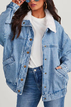 Chouyatou Women's Warm Sherpa Collar Denim Jacket Faux Fur Collar Denim Coat Trucker Jacket