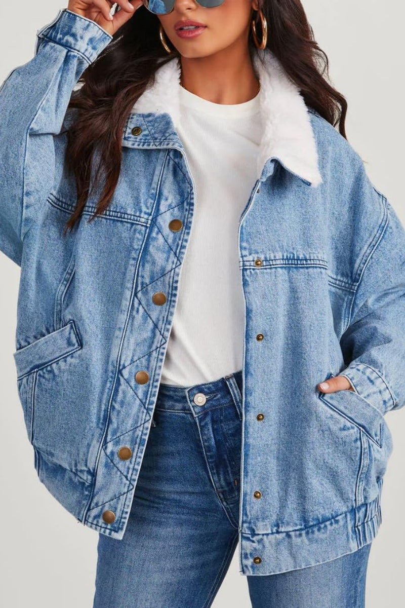 Chouyatou Women's Warm Sherpa Collar Denim Jacket Faux Fur Collar Denim Coat Trucker Jacket