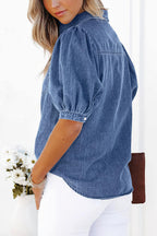 Chouyatou Women's Casual Washed Distressed Puff Sleeve Denim Button Down Shirt Jean Jacket Coat
