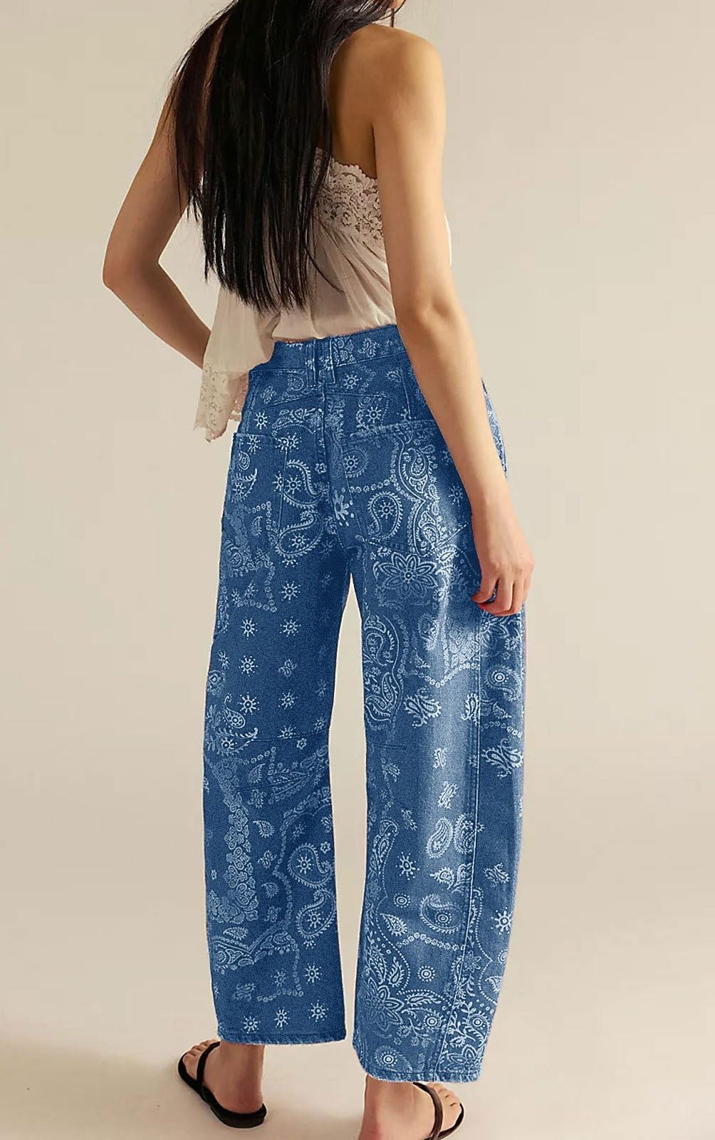 Chouyatou Women Boyfriend Baggy Barrel Jeans Floral Print Denim Ankle Pants Wide Leg Mid Rise Jeans Sweatpants Y2k Patchwork