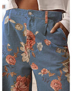 Chouyatou Women Mid Rise Cropped Wide Leg Jeans Baggy Floral Ankle Pants Denim Capris Flare Print Boho Palazzo Jeans Boyfriend