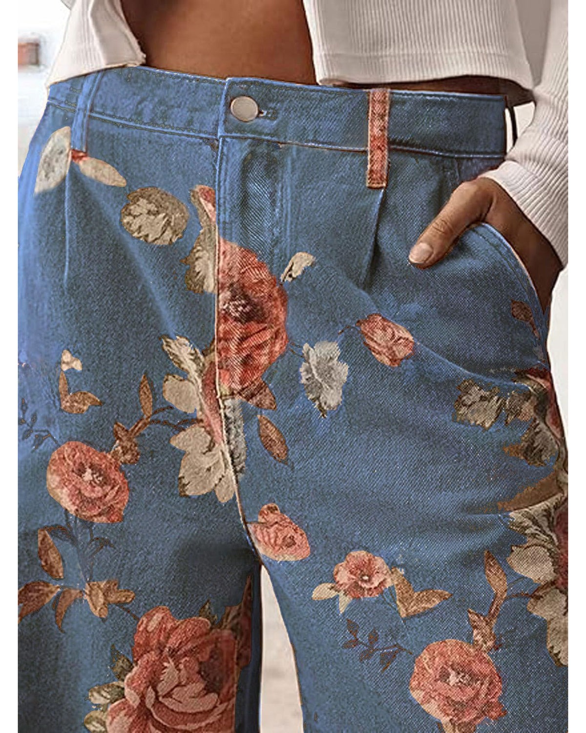 Chouyatou Women Mid Rise Cropped Wide Leg Jeans Baggy Floral Ankle Pants Denim Capris Flare Print Boho Palazzo Jeans Boyfriend