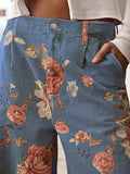 Chouyatou Women Mid Rise Cropped Wide Leg Jeans Baggy Floral Ankle Pants Denim Capris Flare Print Boho Palazzo Jeans Boyfriend