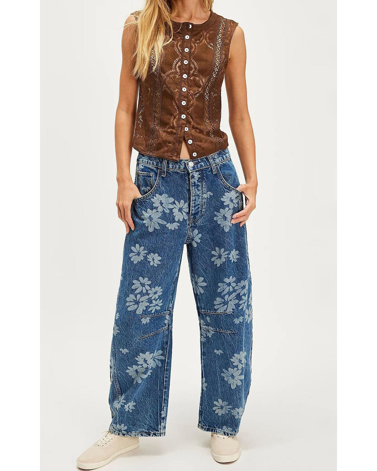 Chouyatou Women Y2k Distressed Barrel Jeans Baggy Wide Leg Jeans Floral Printed Boyfriend Patchwork Denim Pants