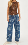Chouyatou Women Y2k Distressed Barrel Jeans Baggy Wide Leg Jeans Floral Printed Boyfriend Patchwork Denim Pants