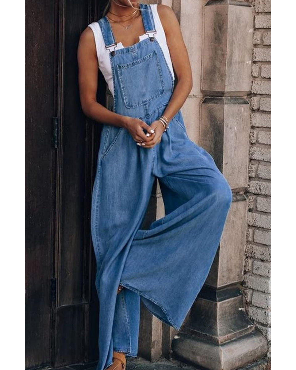 Chouyatou Women's Loose Adjustable Strap Wide Leg Denim Bib Overall Jeans Pants
