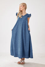 Chouyatou Womens Long Denim Dress Casual Loose Fit Ruffle Sleeveless V-Neck Jean Maxi Dresses for Women