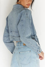 Chouyatou Women's Boyfriend Jean Shakcet Jacket Zipper Belted Moto Denim Blazer Jacket