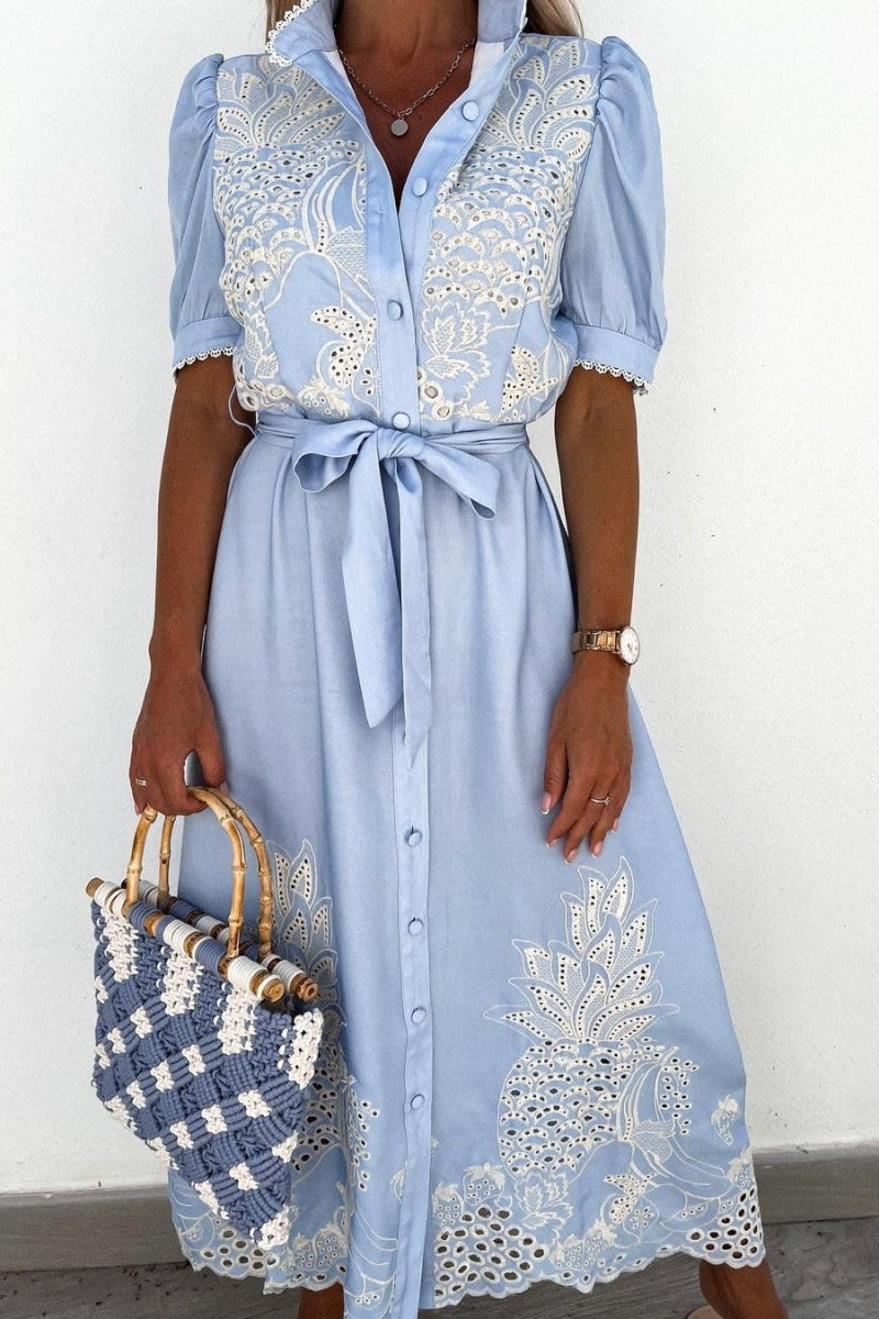Chouyatou Women's Embroidered Eyelet Shirt Dresses Belted Puff Sleeve Button Down Swing Boho Cotton Maxi Shirt Dress