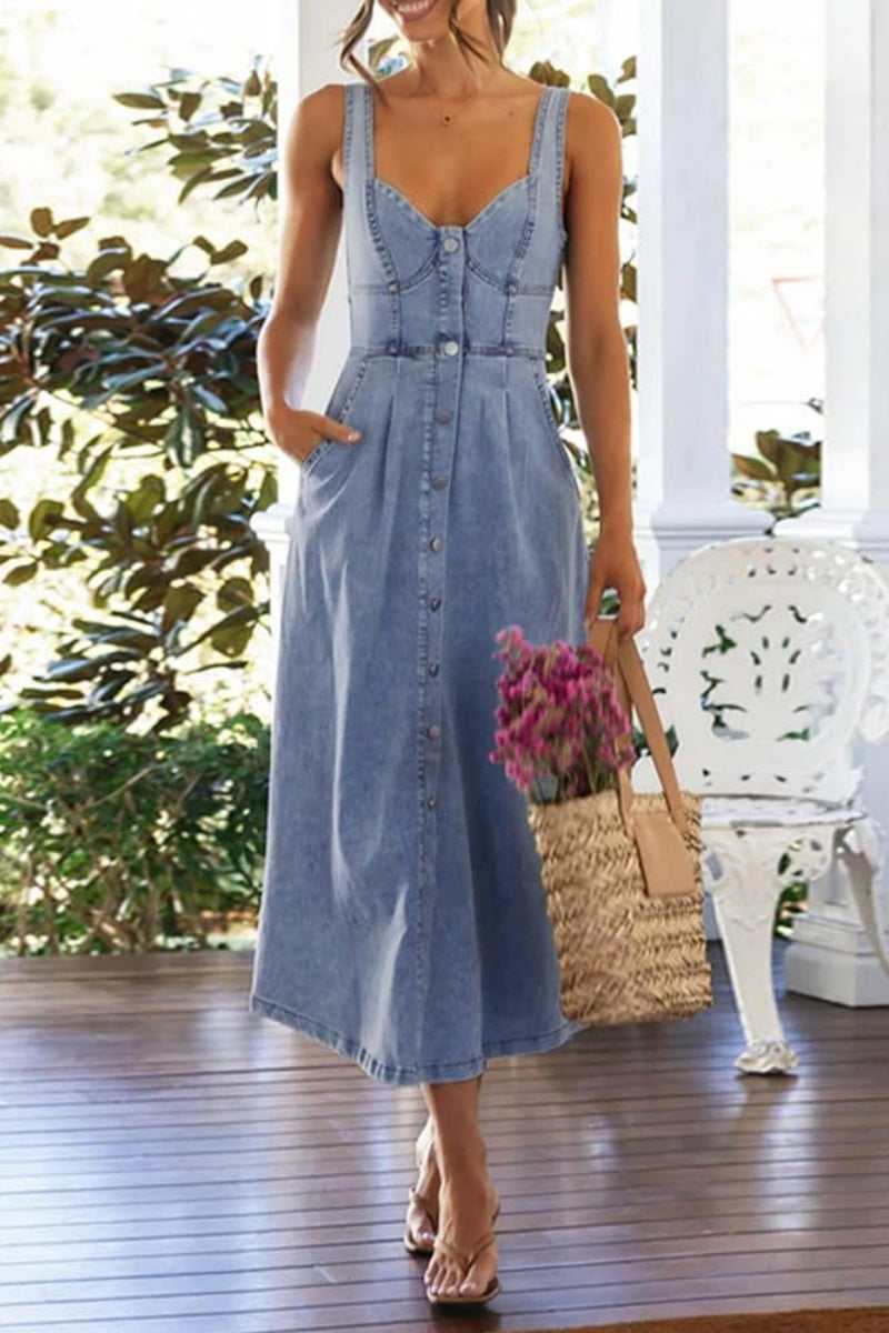 Chouyatou Denim Dress for Women Sleeveless Button Down Slim Fit Midi Jean Dresses for Women