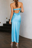 Chouyatou Women's Summer Satin Silk Maxi Bodycon Dresses Strapless Tube Backless Hollow Out Elegant Long Party Club Dress