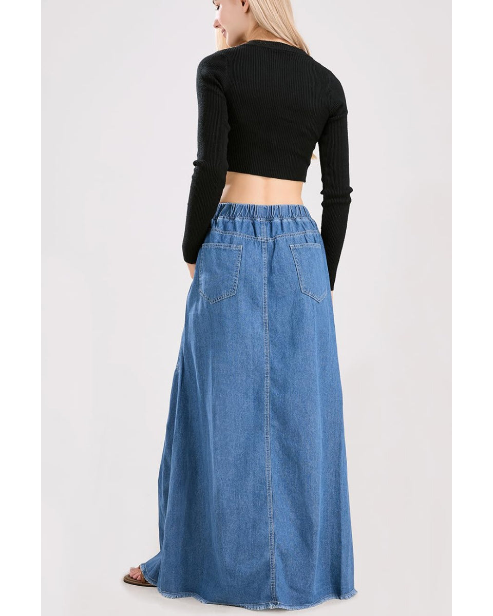 Chouyatou Women's Casual Elastic Waist Frayed Hem A-Line Distressed Hippie Long Maxi Denim Skirt