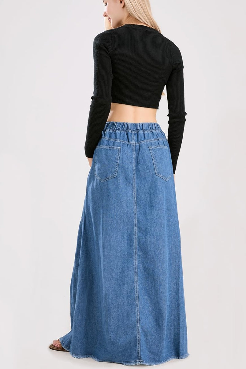 Chouyatou Women's Casual Elastic Waist Frayed Hem A-Line Distressed Hippie Long Maxi Denim Skirt