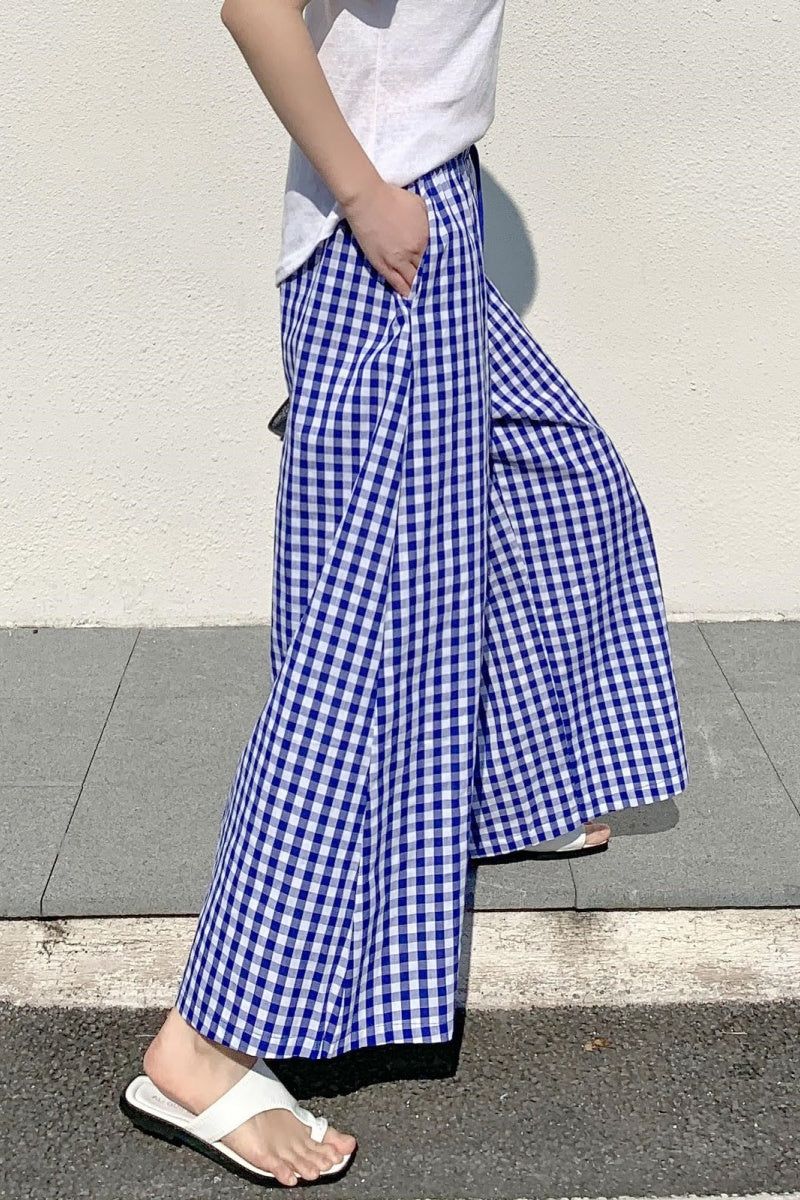 Chouyatou Women's Plaid Wide Leg Culotte Pants Gingham High Elastic Waisted Cropped Palazzo Pants with Pockets