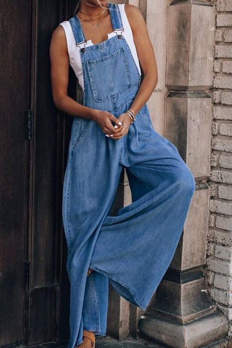 Chouyatou Women's Loose Adjustable Strap Wide Leg Denim Bib Overall Jeans Pants
