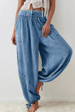 Chouyatou Womens Casual Loose Fit Wide Leg Cotton Pants Drawstring Stitching Baggy Pants Trousers with Pockets