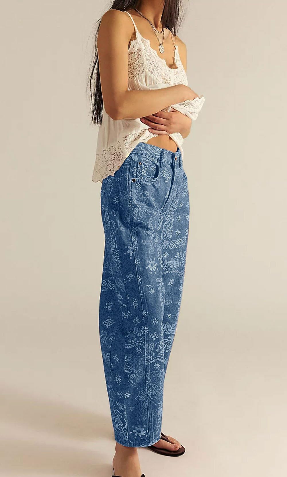 Chouyatou Women Boyfriend Baggy Barrel Jeans Floral Print Denim Ankle Pants Wide Leg Mid Rise Jeans Sweatpants Y2k Patchwork