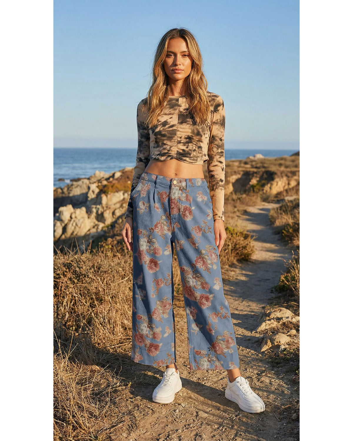 Chouyatou Women Mid Rise Cropped Wide Leg Jeans Baggy Floral Ankle Pants Denim Capris Flare Print Boho Palazzo Jeans Boyfriend