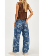 Chouyatou Women Y2k Distressed Barrel Jeans Baggy Wide Leg Jeans Floral Printed Boyfriend Patchwork Denim Pants
