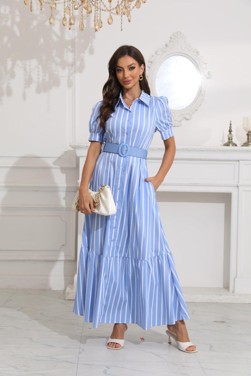 short sleeve button down maxi dress Floral Print Striped Trim Button Down Short Sleeve Maxi Dress Floral / XL