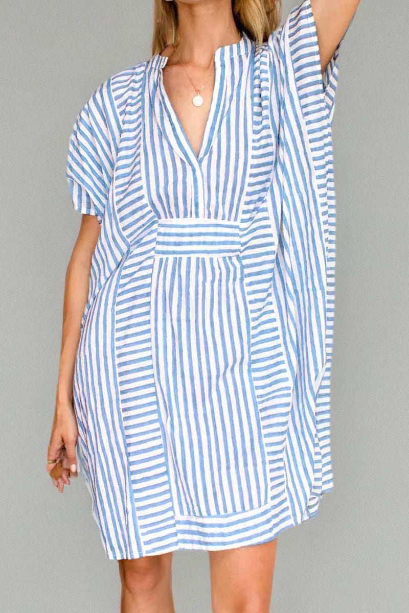Chouyatou Womens Summer Loose Stripe Beach Dress Cover Ups Casual Batwing Sleeve Midi Tunic Shirt Dress