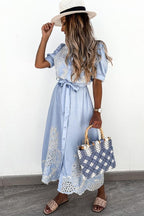 Chouyatou Women's Embroidered Eyelet Shirt Dresses Belted Puff Sleeve Button Down Swing Boho Cotton Maxi Shirt Dress