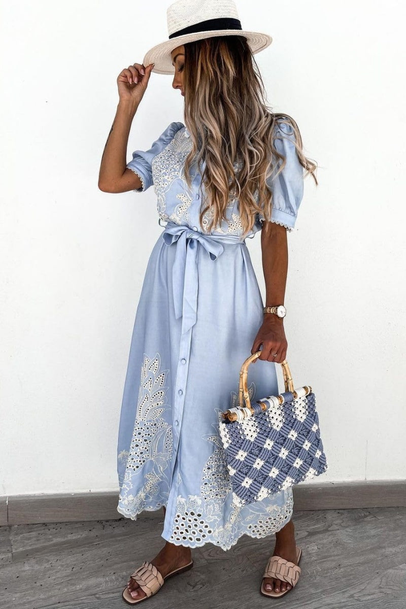 Chouyatou Women's Embroidered Eyelet Shirt Dresses Belted Puff Sleeve Button Down Swing Boho Cotton Maxi Shirt Dress