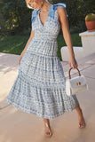 Chouyatou Women's Summer Boho Floral Print Dress Tie Knot Strap V-Neck Swing Maxi Beach Dress