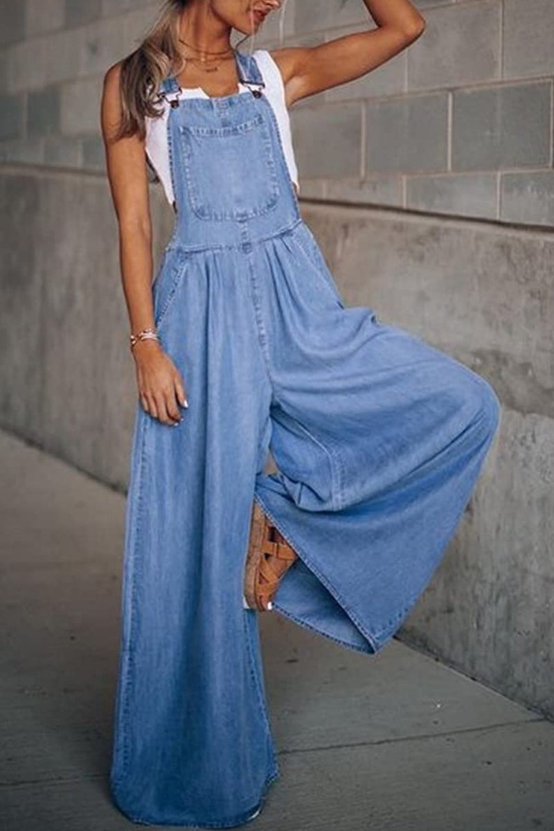 Chouyatou Women's Loose Adjustable Strap Wide Leg Denim Bib Overall Jeans Pants