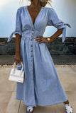 Chouyatou Womens Casual Button Down Maxi Denim Dress V-Neck Tie Half Sleeve Long Denim Dresses for Women 2025