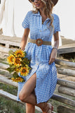 Chouyatou Women's Summer Flutter Sleeve Midi Long Gingham Dress Plaid Button Down Shirt Dress