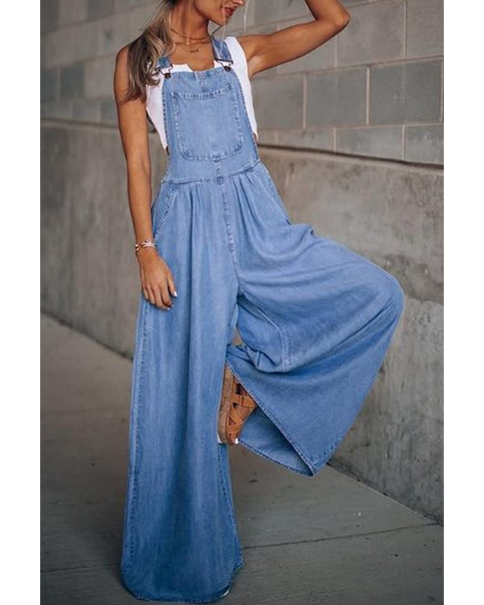 Chouyatou Women's Loose Adjustable Strap Wide Leg Denim Bib Overall Jeans Pants