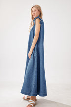Chouyatou Womens Long Denim Dress Casual Loose Fit Ruffle Sleeveless V-Neck Jean Maxi Dresses for Women