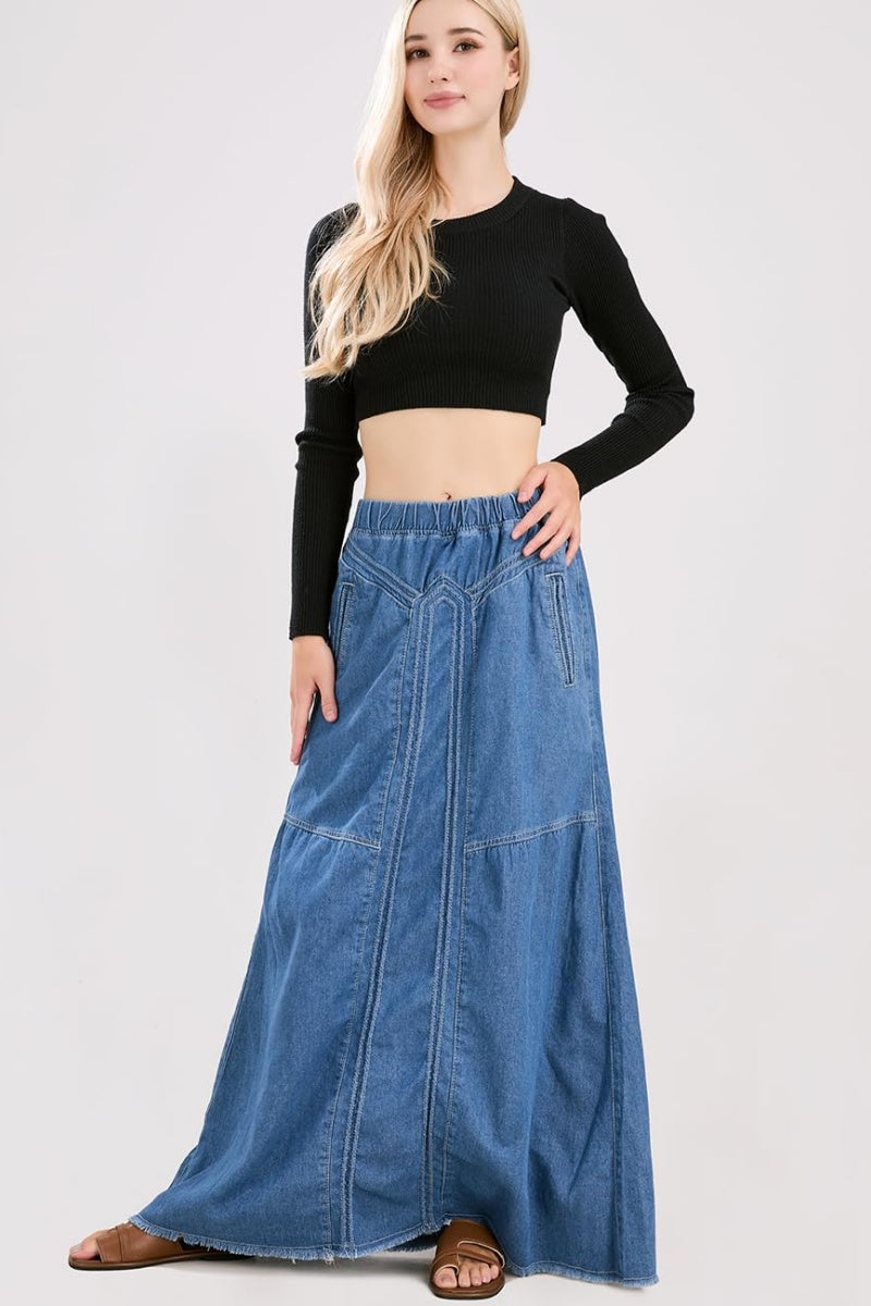 Chouyatou Women's Casual Elastic Waist Frayed Hem A-Line Distressed Hippie Long Maxi Denim Skirt