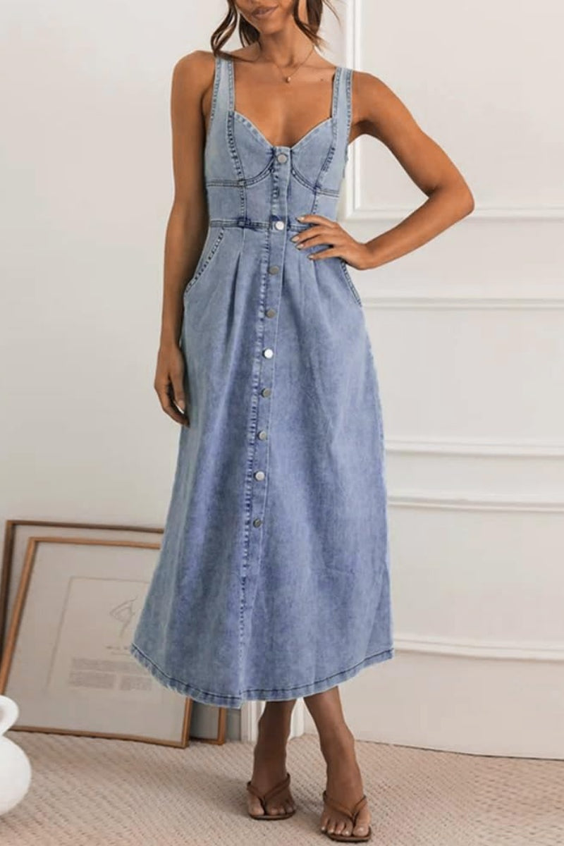 Chouyatou Denim Dress for Women Sleeveless Button Down Slim Fit Midi Jean Dresses for Women