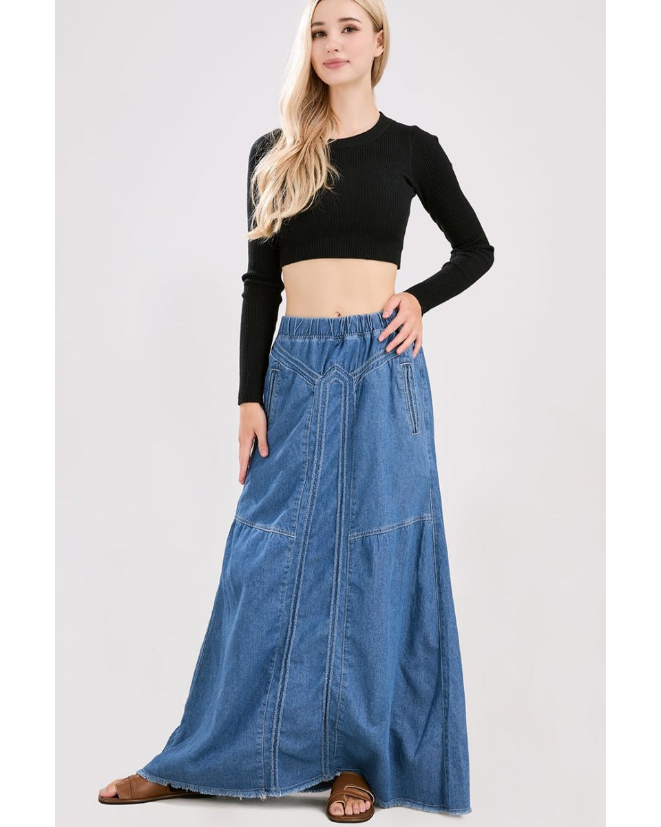 Chouyatou Women's Casual Elastic Waist Frayed Hem A-Line Distressed Hippie Long Maxi Denim Skirt