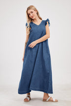 Chouyatou Womens Long Denim Dress Casual Loose Fit Ruffle Sleeveless V-Neck Jean Maxi Dresses for Women