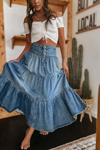 Chouyatou Women's High Waist Long Denim Skirt Button-Fly Tiered Ruffle Swing A-Line Jean Maxi Skirt with Pockets