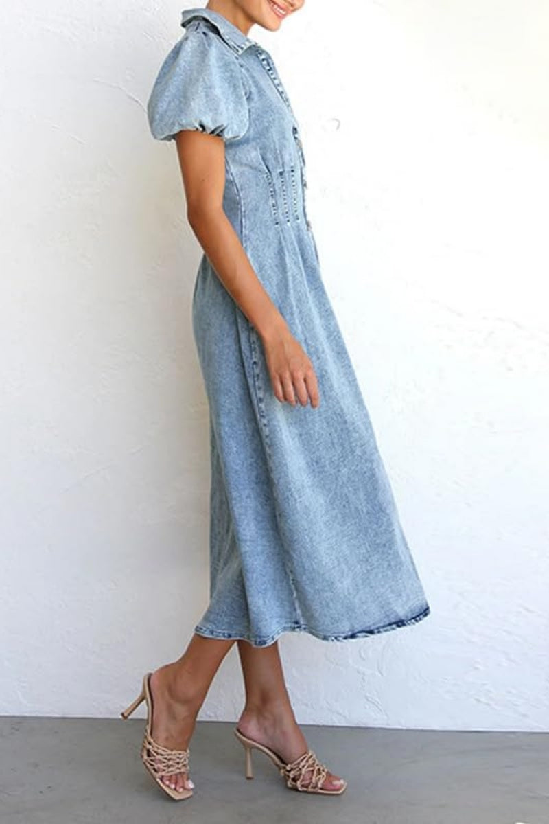 jeans dress women long sleeved slim casual Chouyatou Women Long Denim Dress Puff Sleeve Button Down Casual Slim F CHOUYATOU