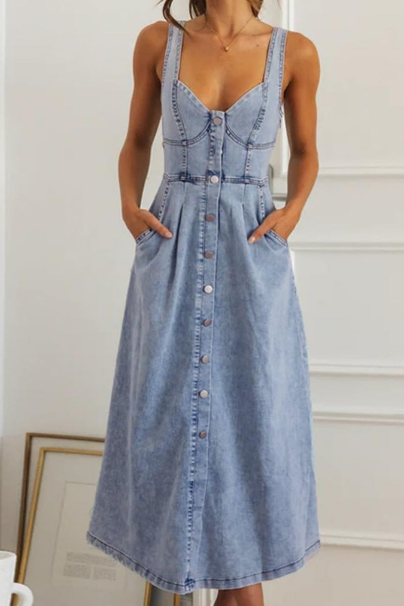 Chouyatou Denim Dress for Women Sleeveless Button Down Slim Fit Midi Jean Dresses for Women