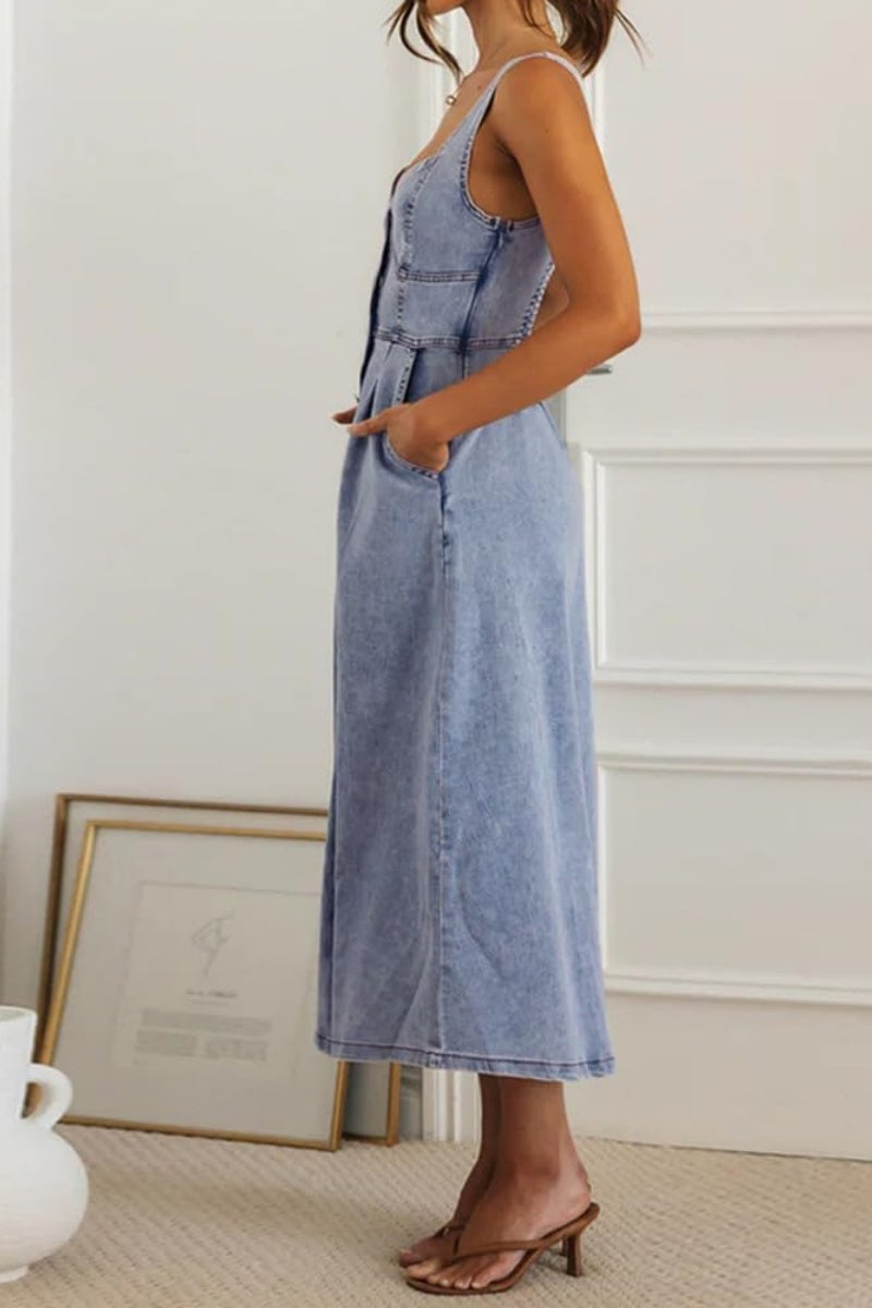 Chouyatou Denim Dress for Women Sleeveless Button Down Slim Fit Midi J CHOUYATOU Chouyatou Denim Dress for Women Sleeveless Button Down Slim Fit Midi J CHOUYATOU