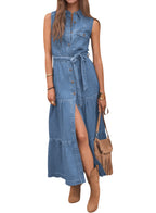 Chouyatou Women's Summer Button Down Denim Shirt Dress Business Casual Belted Sleeveless Midi Long Jean Dress