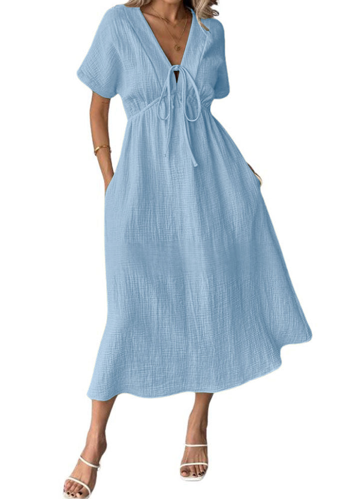 Chouyatou Women's Summer Boho V-Neck Cotton Tunic Dress Casual Loose Short Sleeve Midi Long Beach Dress
