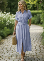 Chouyatou Women's Summer Boho Belted Striped Shirt Dress Casual Loose Short Sleeve Midi Long Beach Dress